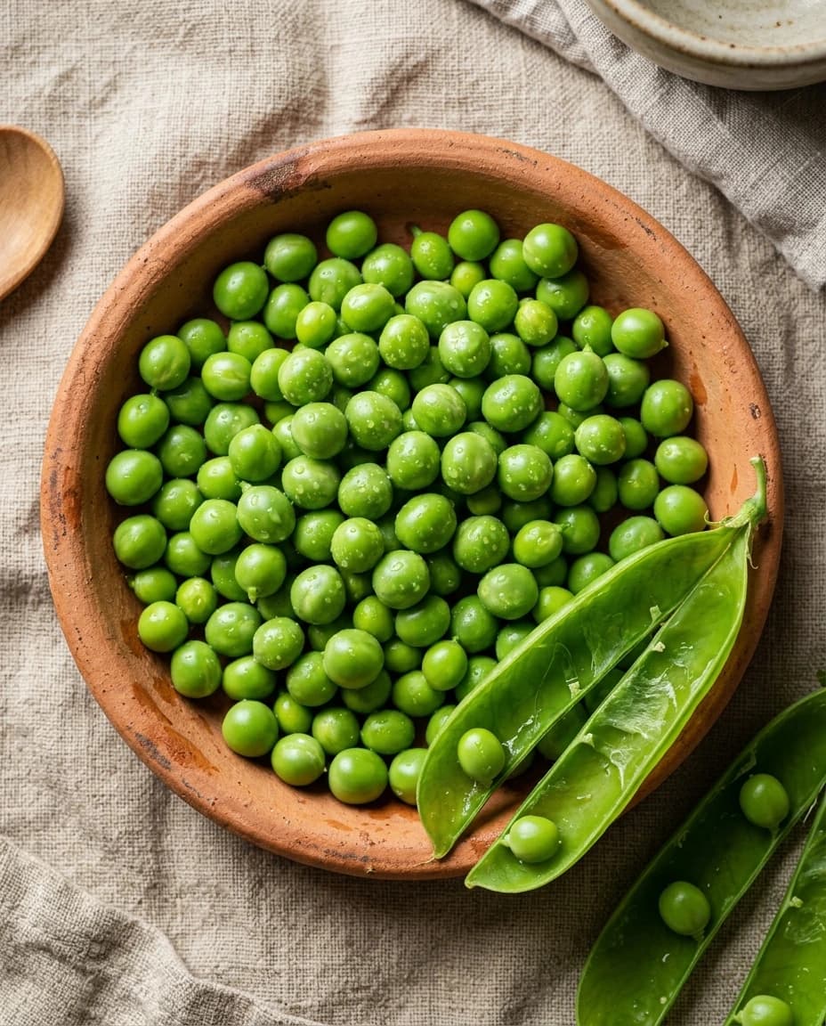 Fresh green peas in a ceramic bowl with soft daylight