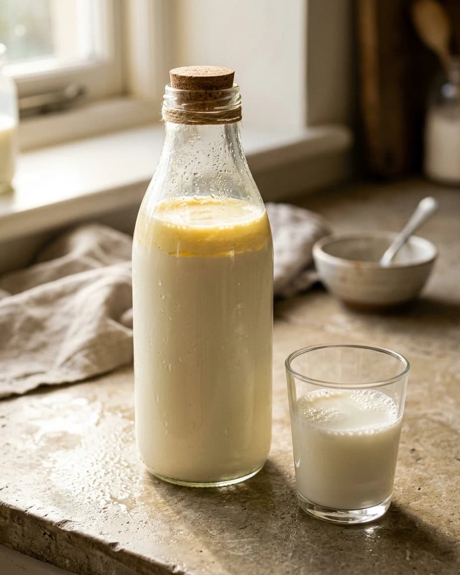 Clear premium glass bottle of fresh milk in morning light