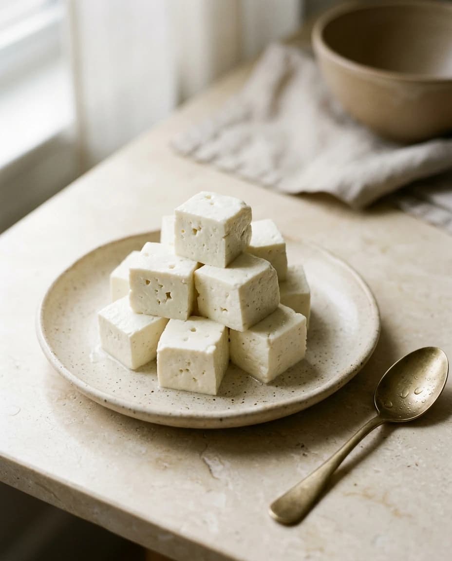 Fresh paneer cubes on a cream ceramic plate with soft natural shadows