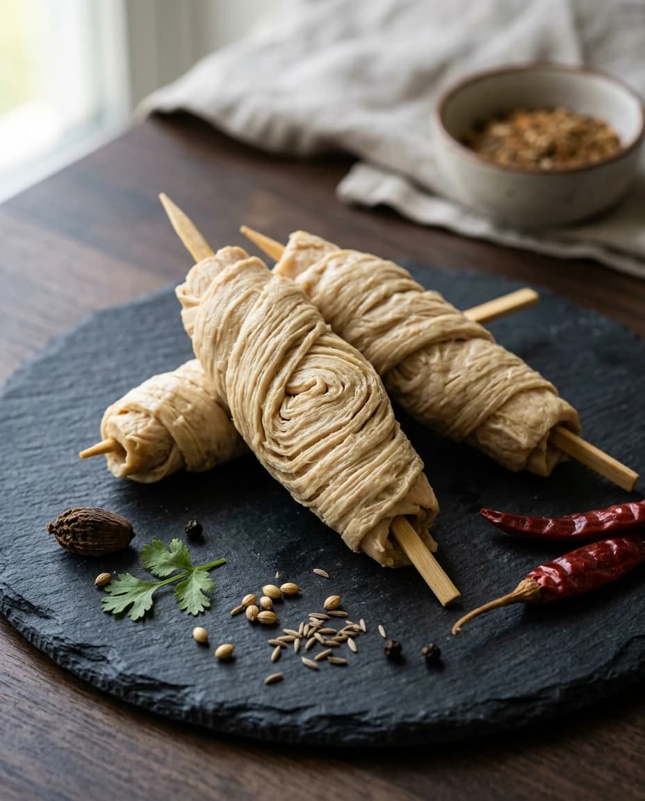 Premium plated soya chaap on an earthy dark background