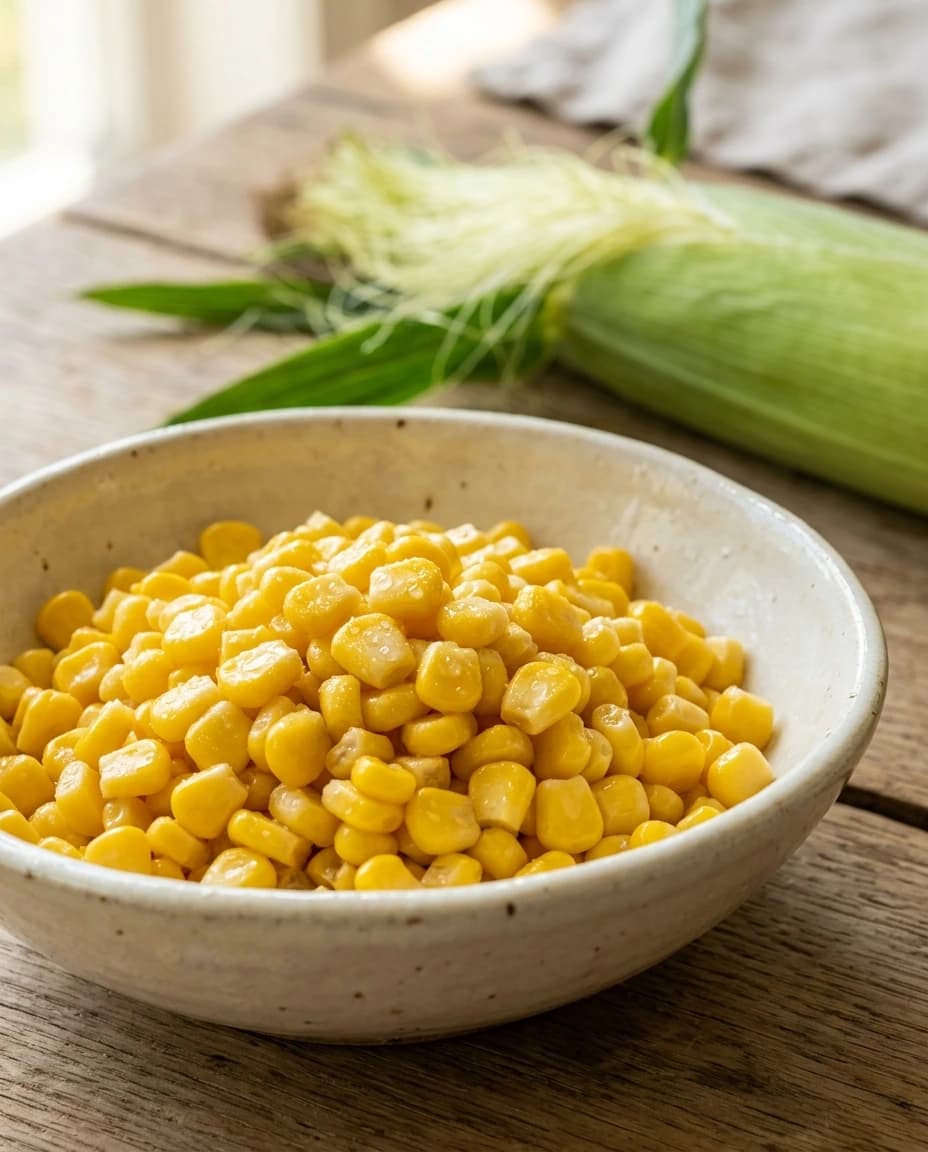 Fresh sweet corn with natural texture and muted yellow tones